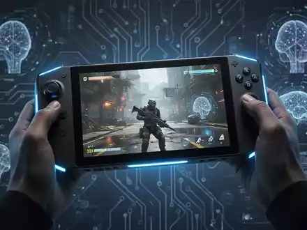 A person holds a sleek, glowing handheld gaming PC. The screen displays a vibrant game, with futuristic AI visuals in the background. - Foto: über boerse-global.de