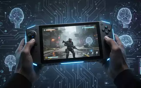 A person holds a sleek, glowing handheld gaming PC. The screen displays a vibrant game, with futuristic AI visuals in the background. - Foto: über boerse-global.de