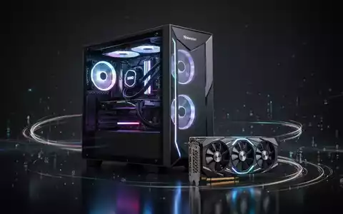 A futuristic gaming PC tower with glowing internal components next to a high-end graphics card, on a dark surface. - Foto: über boerse-global.de