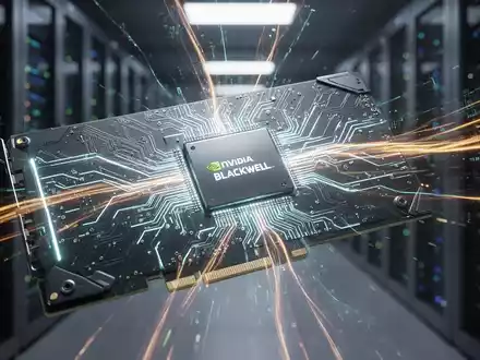 A close-up of an NVIDIA Blackwell GPU glowing with digital light, surrounded by abstract data streams, symbolizing AI acceleration. - Foto: über boerse-global.de