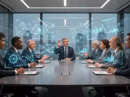 Geschäftsführer in einem modernen Sitzungssaal, die mit holografischen KI-Projektionen interagieren, die technologische Transformation symbolisieren. - Foto: über boerse-global.de