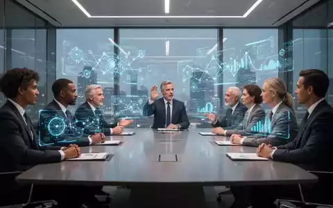 Geschäftsführer in einem modernen Sitzungssaal, die mit holografischen KI-Projektionen interagieren, die technologische Transformation symbolisieren. - Foto: über boerse-global.de