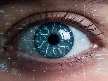 Nahaufnahme eines menschlichen Auges mit überlagerten digitalen Mustern, die die KI-Analyse der Netzhaut für die Alzheimer-Früherkennung symbolisieren. - Foto: über boerse-global.de