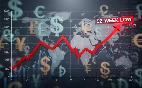 Ein stilisierter Finanzgraph, der einen Abwärtstrend und ein 52-Wochen-Tief darstellt, mit globalen Währungssymbolen im Hintergrund. - Foto: über boerse-global.de