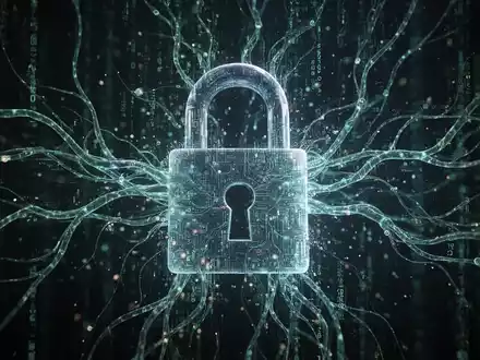 Abstract digital padlock dissolving into a network of glowing data streams and AI neural pathways, symbolizing evolving cyber threats. - Foto: über boerse-global.de