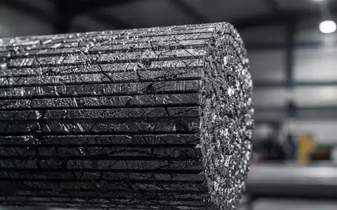 Nahaufnahme einer Grafitelektrode mit metallischem Glanz vor einer verschwommenen Industrieanlage, die die Textur des Materials hervorhebt. - Foto: über boerse-global.de