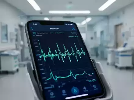 Nahaufnahme eines iPhones, das medizinische Daten anzeigt, mit einem unscharfen Hintergrund eines modernen Krankenhauses. - Foto: über boerse-global.de