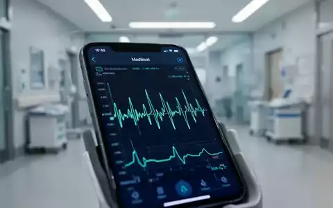 Nahaufnahme eines iPhones, das medizinische Daten anzeigt, mit einem unscharfen Hintergrund eines modernen Krankenhauses. - Foto: über boerse-global.de