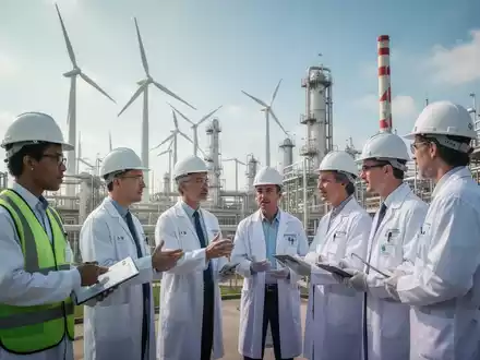 Eine Gruppe von Fachleuten in einem modernen Chemiewerk, die über Nachhaltigkeitsziele sprechen, mit Fokus auf Umweltschutz und Innovation. - Foto: über boerse-global.de