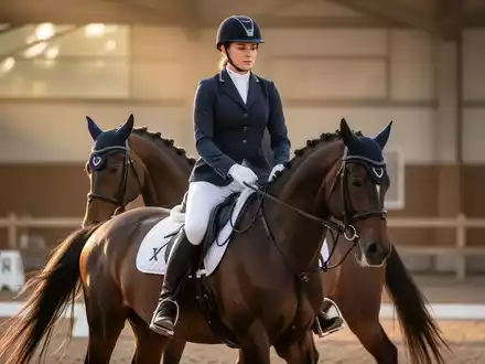 Eine Reiterin auf einem Pferd während einer Dressurübung in einer sonnigen Reitarena, die Konzentration und Eleganz ausstrahlt. - Foto: über boerse-global.de