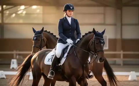 Eine Reiterin auf einem Pferd während einer Dressurübung in einer sonnigen Reitarena, die Konzentration und Eleganz ausstrahlt. - Foto: über boerse-global.de
