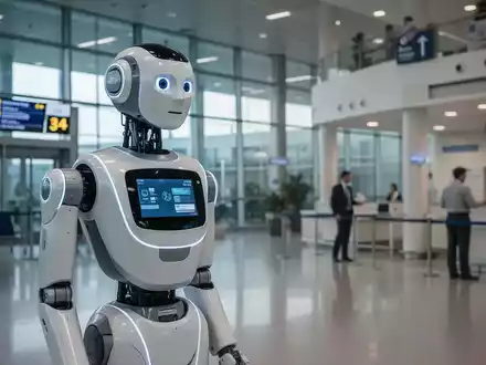 A sophisticated humanoid robot stands in a bright, modern public space, symbolizing advanced robotics in service industries. - Foto: über boerse-global.de