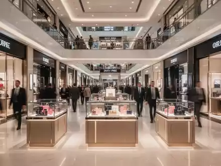 Ein luxuriöses Duty-Free-Einkaufszentrum mit modernen architektonischen Elementen und verschwommenen, eleganten Käufern. - Foto: über boerse-global.de