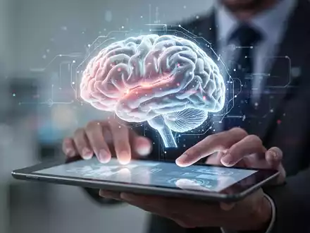 Ein stilisiertes, leuchtendes Gehirn überlagert eine Person, die auf einem digitalen Tablet tippt, was kognitives Training symbolisiert. - Foto: über boerse-global.de