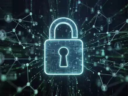 A glowing digital padlock icon over a background of abstract network connections and data streams, symbolizing cybersecurity. - Foto: über boerse-global.de