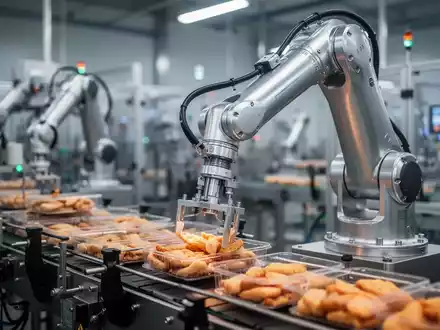 An industrial robot arm precisely handles food products on an automated assembly line in a modern, high-tech factory. - Foto: über boerse-global.de