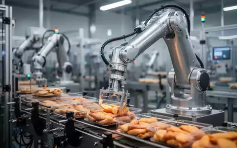 An industrial robot arm precisely handles food products on an automated assembly line in a modern, high-tech factory. - Foto: über boerse-global.de