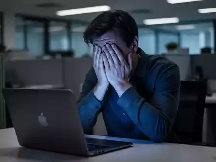 Eine Person mit den Händen vor dem Gesicht, beleuchtet von einem Laptopbildschirm, der Erschöpfung und Stress symbolisiert. - Foto: über boerse-global.de