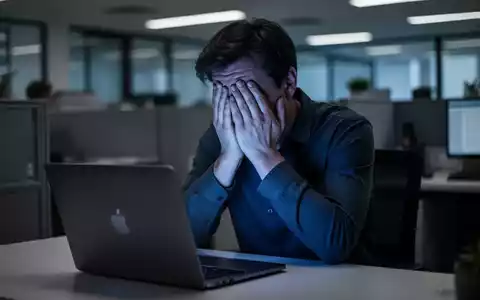 Eine Person mit den Händen vor dem Gesicht, beleuchtet von einem Laptopbildschirm, der Erschöpfung und Stress symbolisiert. - Foto: über boerse-global.de