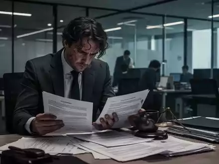 Eine einzelne, nachdenkliche Person in einem modernen BĂŒro betrachtet Dokumente, die Abfindungszahlungen und Betriebszugehörigkeit symbolisieren. - Foto: ĂŒber boerse-global.de