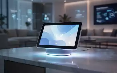 Ein schlankes, modernes Google Nest Smart Home Gerät, beleuchtet von futuristischem blauem und weißem Licht in einem minimalistischen Raum. - Foto: über boerse-global.de