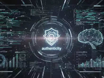 A stylized digital interface with data streams and an abstract icon representing AI content detection and authenticity. - Foto: über boerse-global.de