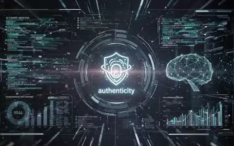 A stylized digital interface with data streams and an abstract icon representing AI content detection and authenticity. - Foto: über boerse-global.de