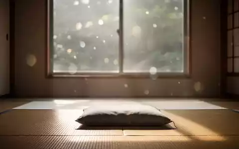Ein ruhiger Meditationsraum mit einem Kissen auf einer Tatami-Matte, beleuchtet von sanftem, natürlichem Licht. - Foto: über boerse-global.de