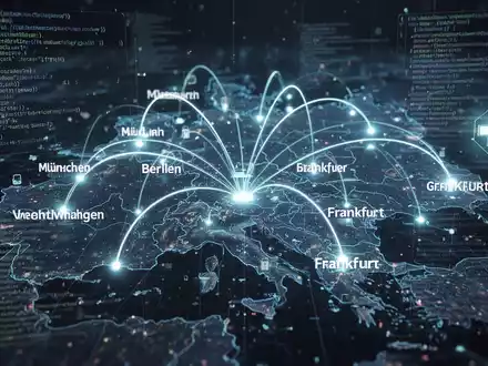 Digital map of Germany with glowing lines connecting major cities, overlaid with abstract code and a medical cross symbol, representing mobile app development and digital health services. - Foto: über boerse-global.de
