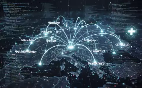 Digital map of Germany with glowing lines connecting major cities, overlaid with abstract code and a medical cross symbol, representing mobile app development and digital health services. - Foto: über boerse-global.de