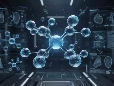 Eine stilisierte, leuchtend blaue molekulare Struktur, die eine experimentelle Behandlung darstellt, vor einem dunklen medizinischen Hintergrund. - Foto: über boerse-global.de