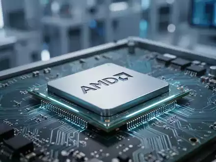 Nahaufnahme einer AMD-CPU auf einer Leiterplatte mit verschwommener Halbleiterfabrik im Hintergrund, die Technologie und Präzision hervorhebt. - Foto: über boerse-global.de