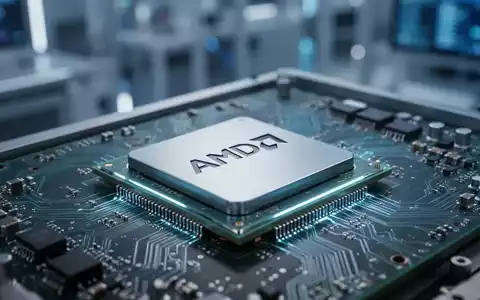 Nahaufnahme einer AMD-CPU auf einer Leiterplatte mit verschwommener Halbleiterfabrik im Hintergrund, die Technologie und Präzision hervorhebt. - Foto: über boerse-global.de