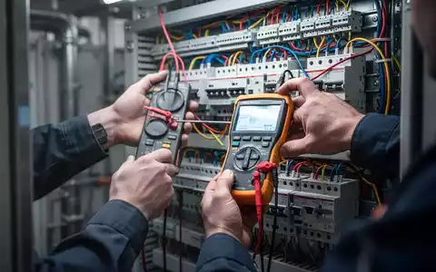 Ein Techniker führt eine elektrische Sicherheitsprüfung an einem Schaltkasten mit speziellen Geräten durch, wobei der Fokus auf den Händen liegt. - Foto: über boerse-global.de