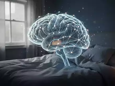 Ein stilisiertes Gehirn aus leuchtenden Linien und Knoten in einem dunklen, beruhigenden Schlafzimmer, das Ruhe und Gedankenfluss symbolisiert. - Foto: über boerse-global.de