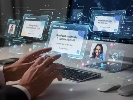 Hands interacting with a futuristic, holographic interface displaying digital event invitations and co-hosting features, with an Apple aesthetic. - Foto: über boerse-global.de