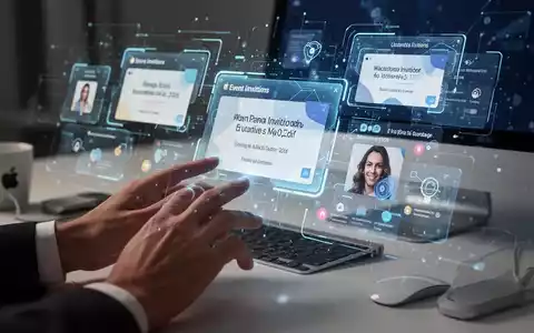 Hands interacting with a futuristic, holographic interface displaying digital event invitations and co-hosting features, with an Apple aesthetic. - Foto: über boerse-global.de