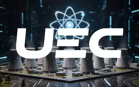 Eine stilisierte, leuchtende Atom-Symbol über zehn Miniaturmodellen von Kernkraftwerkskühltürmen, die saubere Energie betonen. - Foto: über boerse-global.de