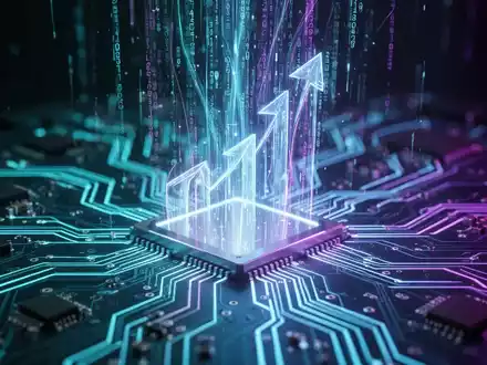 Nahaufnahme einer stilisierten, leuchtenden Leiterplatte mit aufsteigenden Datenströmen, die Wachstum und KI symbolisieren. - Foto: über boerse-global.de