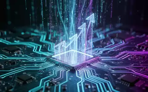 Nahaufnahme einer stilisierten, leuchtenden Leiterplatte mit aufsteigenden Datenströmen, die Wachstum und KI symbolisieren. - Foto: über boerse-global.de