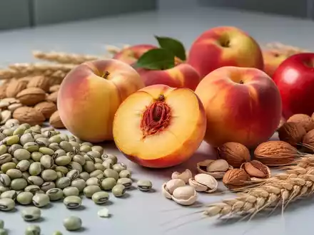 Nahaufnahme von verschiedenen frischen Lebensmitteln wie Lupinen, Pfirsichen, Äpfeln, Nüssen und Weizen, künstlerisch arrangiert. - Foto: über boerse-global.de
