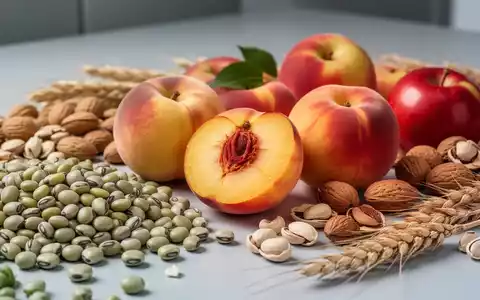 Nahaufnahme von verschiedenen frischen Lebensmitteln wie Lupinen, Pfirsichen, Äpfeln, Nüssen und Weizen, künstlerisch arrangiert. - Foto: über boerse-global.de