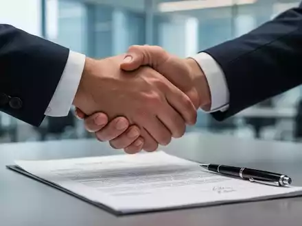 Zwei Hände im Geschäftskontext schütteln sich über einem juristischen Dokument mit einem Stift, symbolisch für eine rechtliche Einigung. - Foto: über boerse-global.de