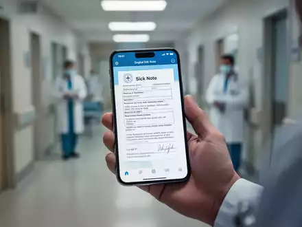 Eine Hand hält ein Smartphone, das eine digitale Krankmeldung anzeigt, im Hintergrund verschwommen ein Arztzimmer. - Foto: über boerse-global.de