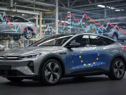 Ein modernes PHEV mit EU-Flaggenreflexionen vor einer Fabrik und einem Finanzdiagramm, das negative Trends zeigt. - Foto: über boerse-global.de
