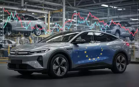 Ein modernes PHEV mit EU-Flaggenreflexionen vor einer Fabrik und einem Finanzdiagramm, das negative Trends zeigt. - Foto: über boerse-global.de