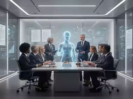 Ein modernes Anwaltsbüro mit digitalen Schnittstellen, die Rechtsdokumente und Daten anzeigen, und einem Team, das mit einem KI-Hologramm interagiert. - Foto: über boerse-global.de