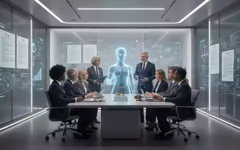 Ein modernes Anwaltsbüro mit digitalen Schnittstellen, die Rechtsdokumente und Daten anzeigen, und einem Team, das mit einem KI-Hologramm interagiert. - Foto: über boerse-global.de