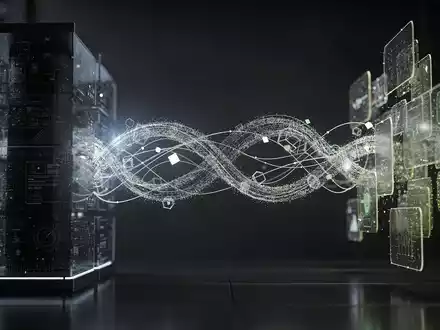 Abstrakte Darstellung von Datenfluss zwischen zwei digitalen Entitäten, die Palantir und Zeta Global symbolisieren, vor dunklem Hintergrund. - Foto: über boerse-global.de