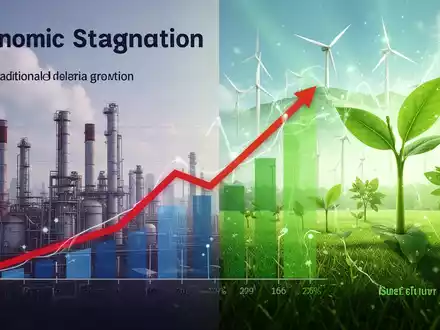 Eine stilisierte Grafik, die wirtschaftliche Stagnation darstellt, mit einer abnehmenden Wachstumskurve und grünen Alternativen. - Foto: über boerse-global.de